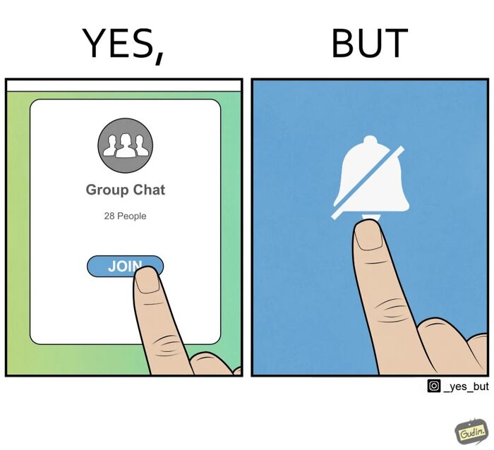 Finger about to join a group chat with 28 people on the left and mute notifications icon on the right, highlighting societal contradictions.