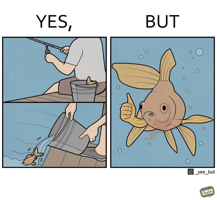 Comic panel showing a contradictory “Yes, But” scenario with a person releasing a fish and the fish giving a thumbs up.