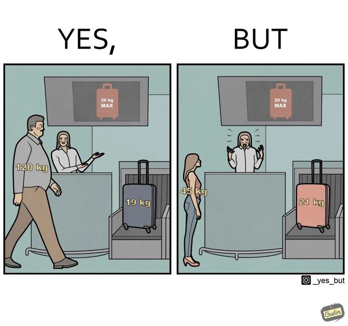 Comic illustrating society’s contradictory nature with differing baggage weight rules for a man and a woman at airport check-in.