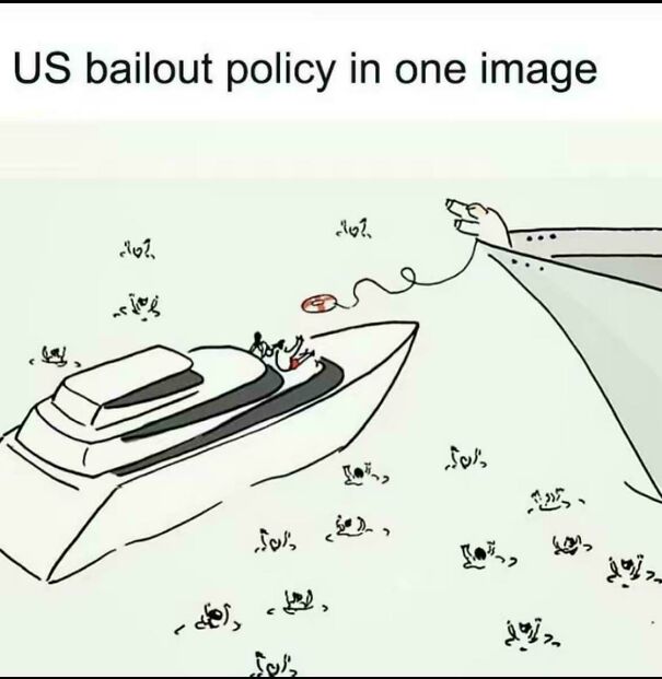 Cartoon showing US bailout policy with luxury yacht rescued while many people struggle in water, depicting anti-capitalism sentiment.