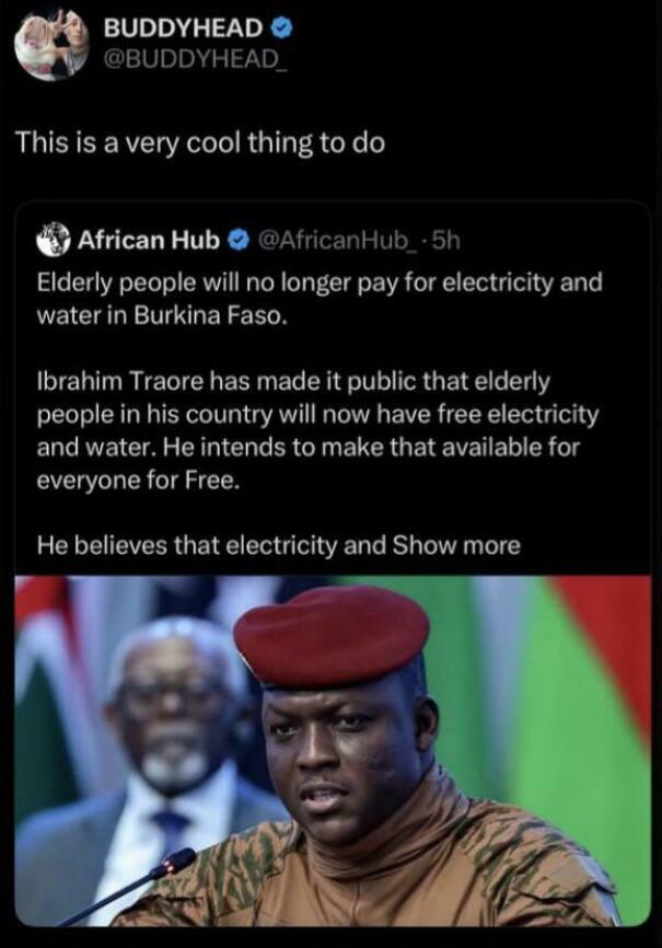 Tweet discussing free electricity and water for elderly in Burkina Faso, reflecting posts from people critical of capitalism.