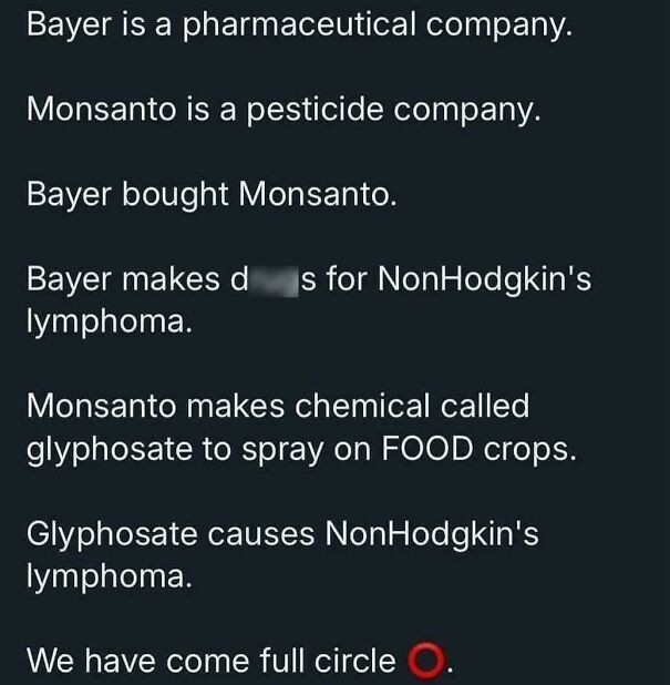 Text explaining Bayer and Monsanto's controversial roles in pharmaceuticals and pesticides, highlighting capitalism critique.