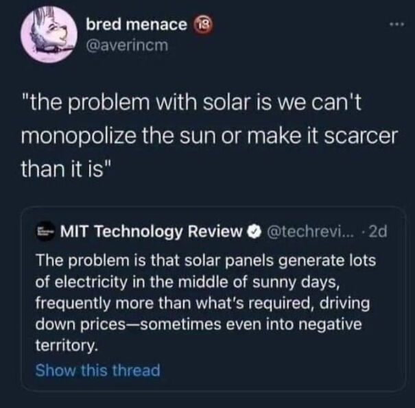 Tweet discussing solar energy and criticism of capitalism, highlighting issues with monopolizing resources and pay walls.