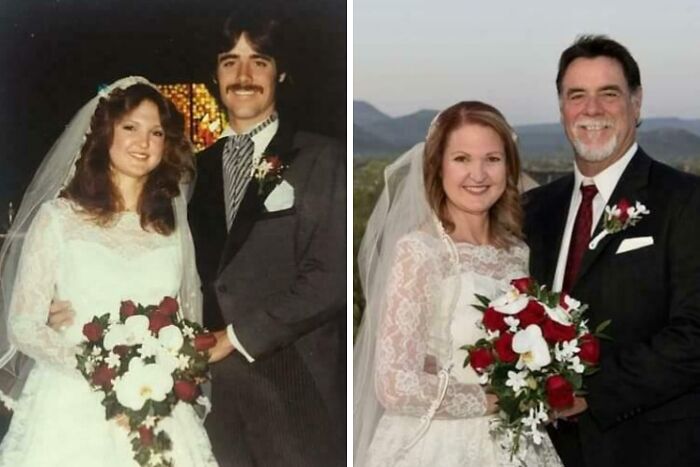 Couple in wedding attire showing how time changed people but not their love for each other in two side-by-side photos.