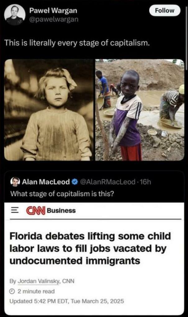 Tweet comparing historical and modern child labor with a news headline about capitalism and child labor law debates in Florida.