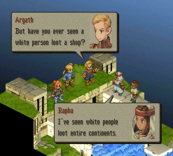 Pixel art scene with characters discussing capitalism and looting, highlighting anti-capitalism sentiment in dialogue boxes.