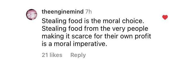Comment from theenginemind stating stealing food is a moral choice against capitalism and profit-driven scarcity.