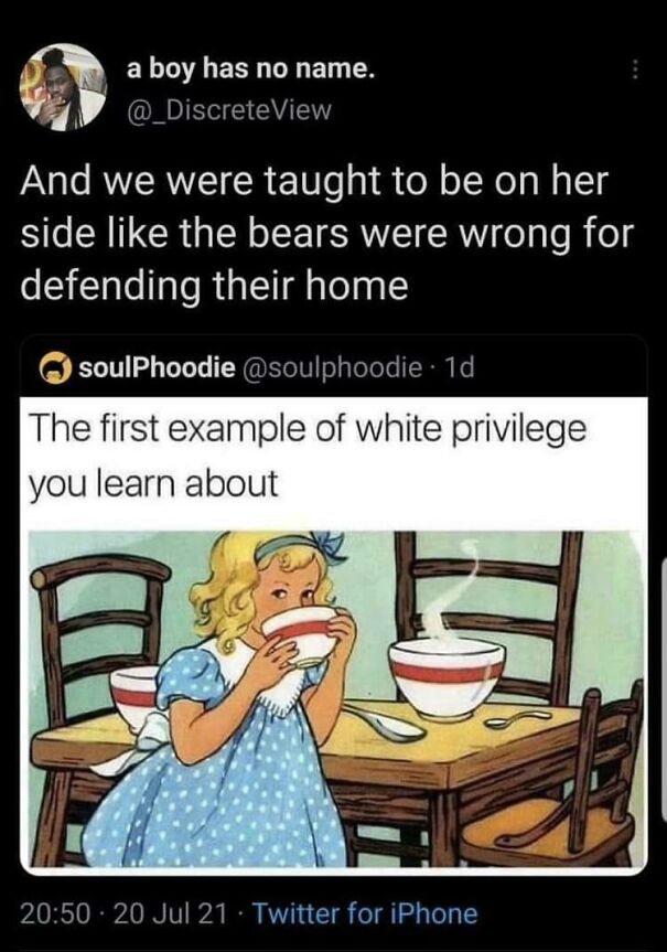 Social media post discussing white privilege with an illustration, related to capitalism critiques and social justice views.