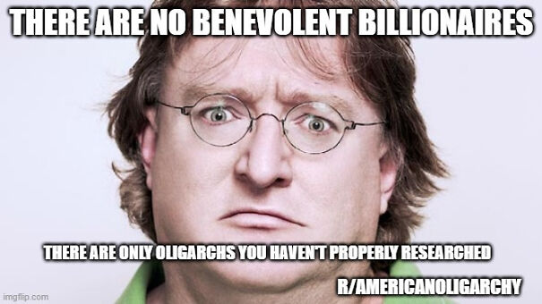 Man with glasses making a serious face, meme caption about billionaires and oligarchs criticizing capitalism.
