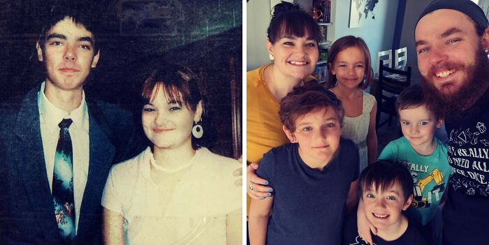 Side-by-side photos of a couple and their family showing how time changed people but not their love for each other.