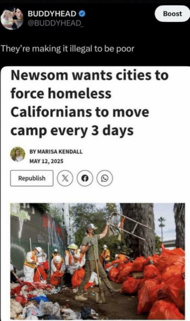 Tweet criticizing policy forcing homeless Californians to move camps, highlighting anti-capitalism and poverty issues.