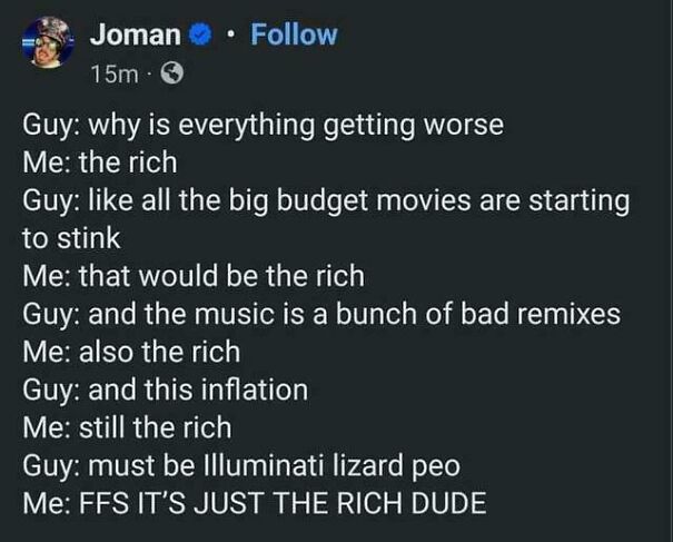 Screenshot of a social media post discussing capitalism and blaming the rich for societal problems with humor.