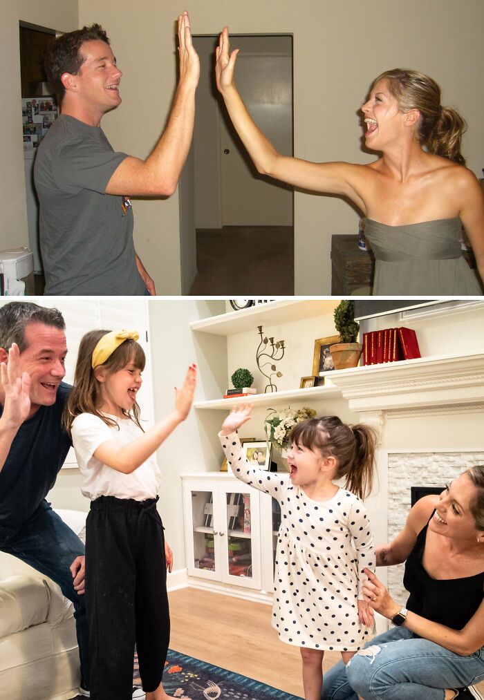 A couple and their children sharing joyful high fives, showing time changed people but not their love for each other.