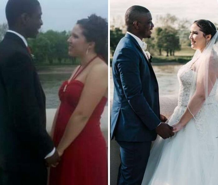 Couple holding hands by a lake in two photos years apart, showing how time changed people but not their love.