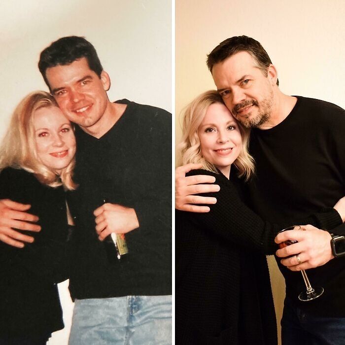 Couple showing how time changed people but not their love for each other in side-by-side young and older photos.