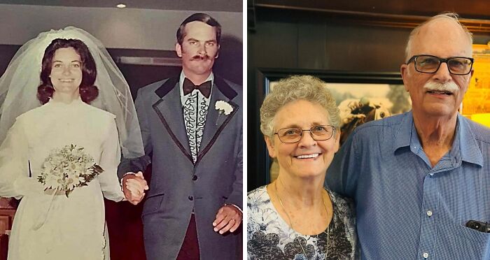 Side-by-side photos of a couple on wedding day and decades later showing how time changed people but not their love.