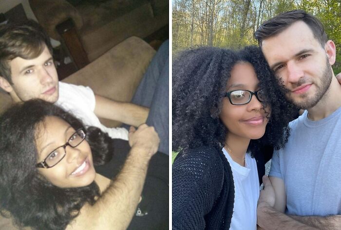 Couple showing how time changed people but not their love, smiling together in indoor and outdoor settings.