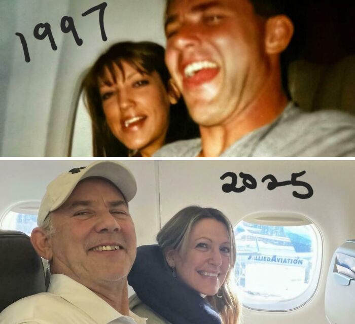 Couple on a plane, first photo from 1997 and second from 2025, showing how time changed people but not their love.