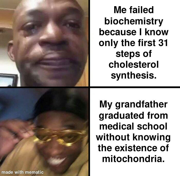 Two-panel meme showing a disappointed man and a happy man with glasses, highlighting medical school struggles and humor.