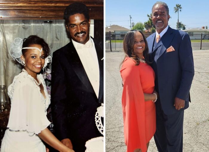 Side-by-side photos of a couple showing how time changed people but not their love for each other over the years.