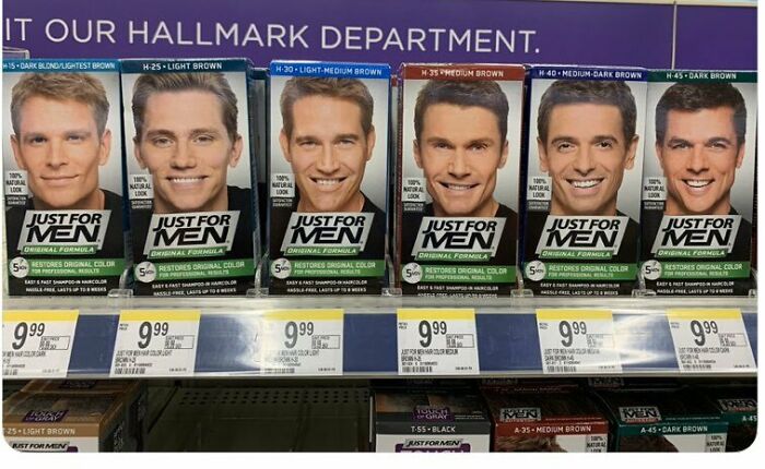 Display of Just For Men hair color products in various brown shades at a store, a popular medical school memes reference.