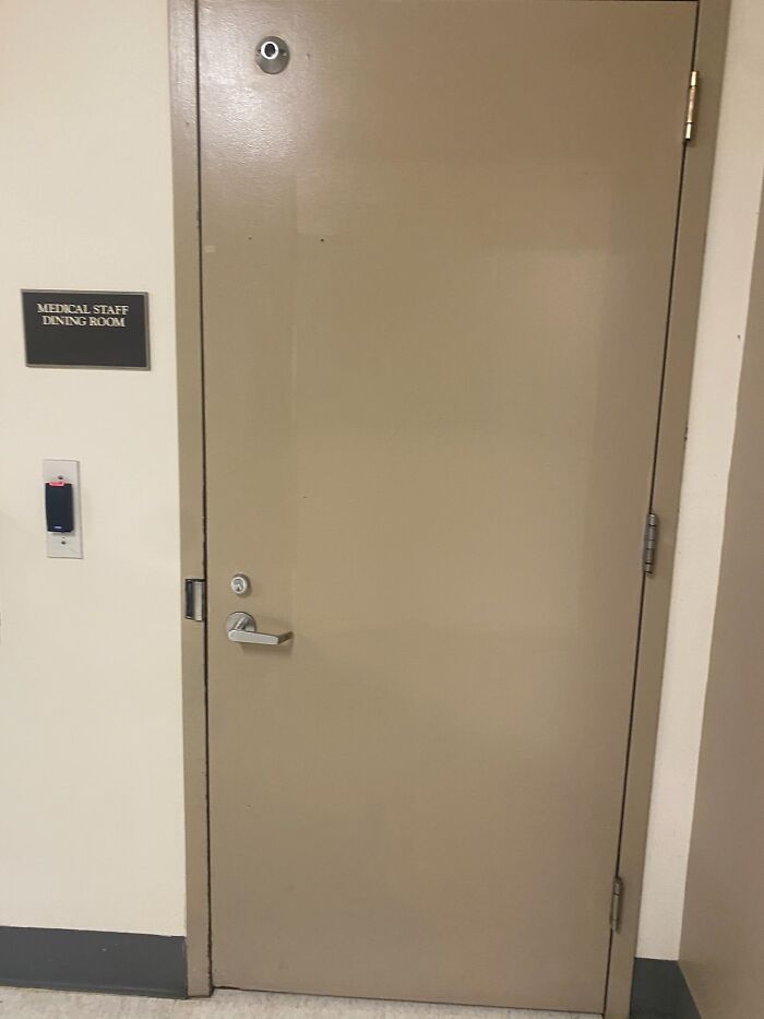 Beige door with a sign reading Medical Staff Dining Room, representing a quiet spot for future doctors in medical school.