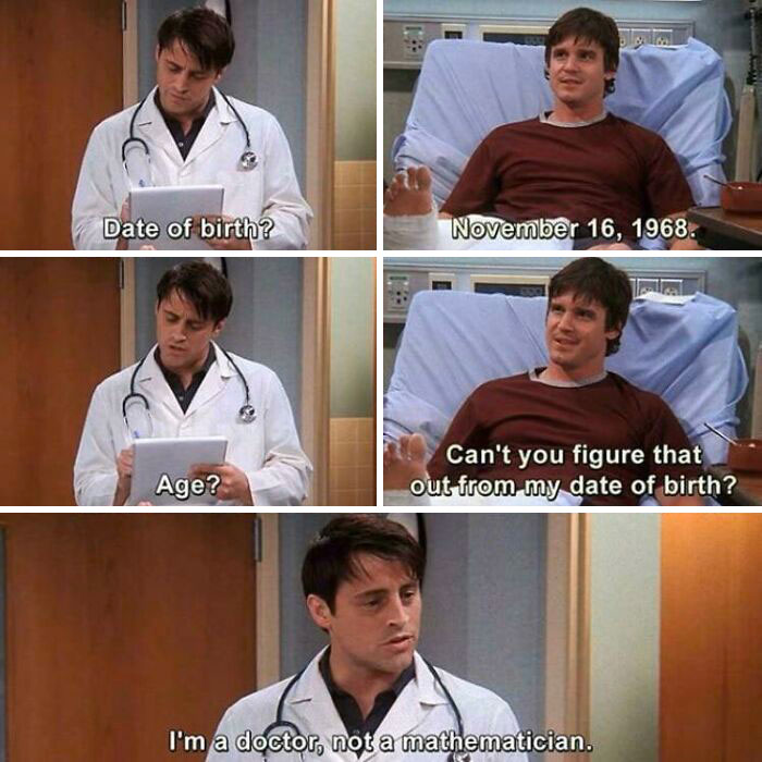 Medical school memes showing a doctor and patient humor about date of birth and calculating age.