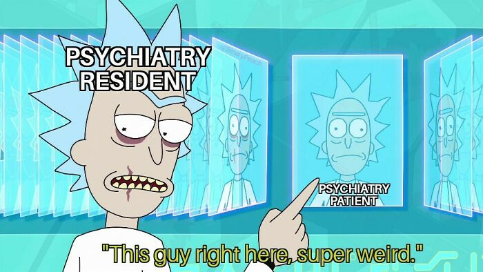Character from animated show pointing at a reflection labeled psychiatry patient, illustrating medical school memes for future doctors.
