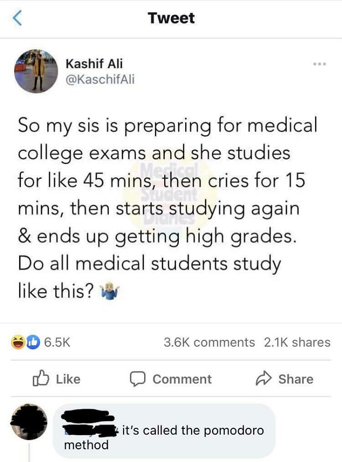 Tweet about a medical student studying in intervals, crying, then achieving high grades, reflecting medical school memes.
