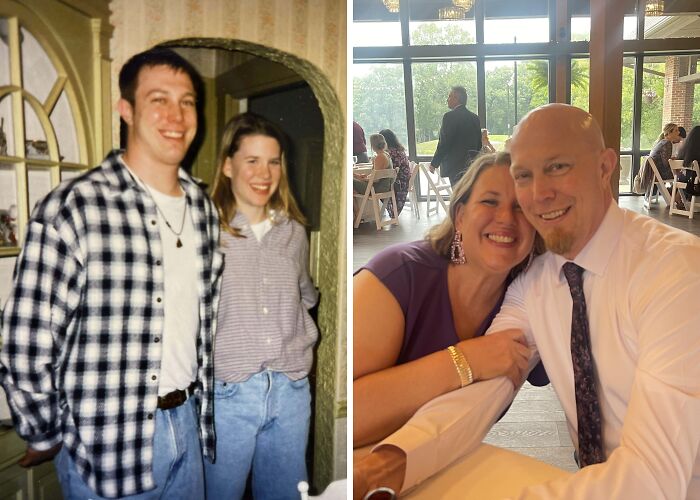 Side-by-side photos of a couple showing how time changed people but not their love for each other.