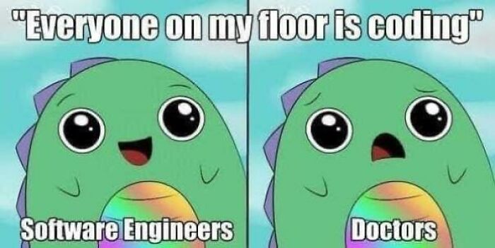 Cartoon dinosaur meme contrasting software engineers coding happily and doctors stressed, illustrating medical school memes for future doctors.