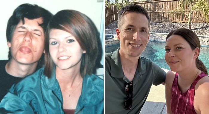 Couple showing how time changed people with lasting love, pictured in youthful and recent photos side by side.