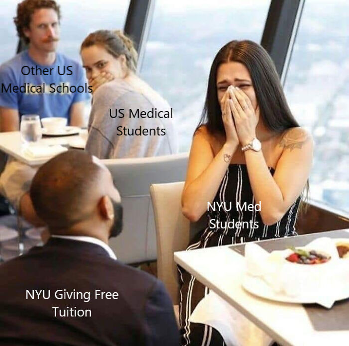 Emotional US medical students reacting to NYU giving free tuition, illustrating relatable medical school memes for future doctors.