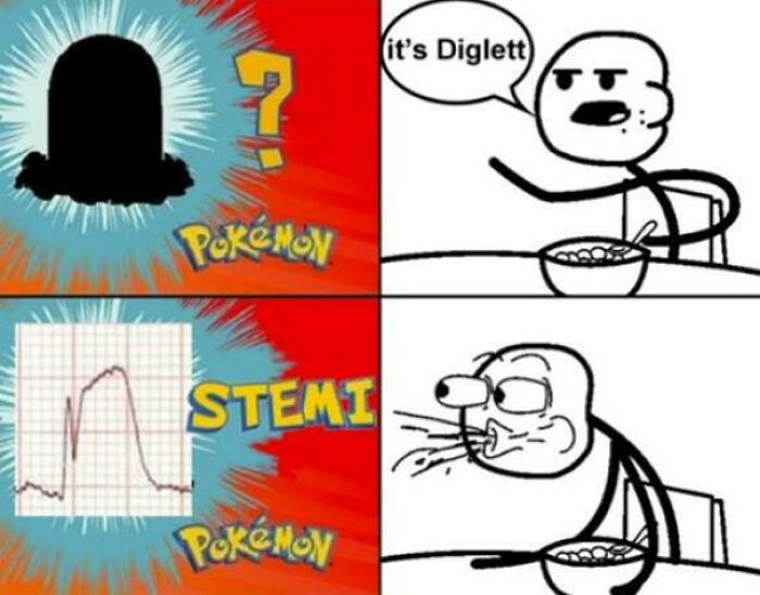 Medical school memes showing a funny STEMI vs Pokémon joke and a shocked cartoon character reaction.