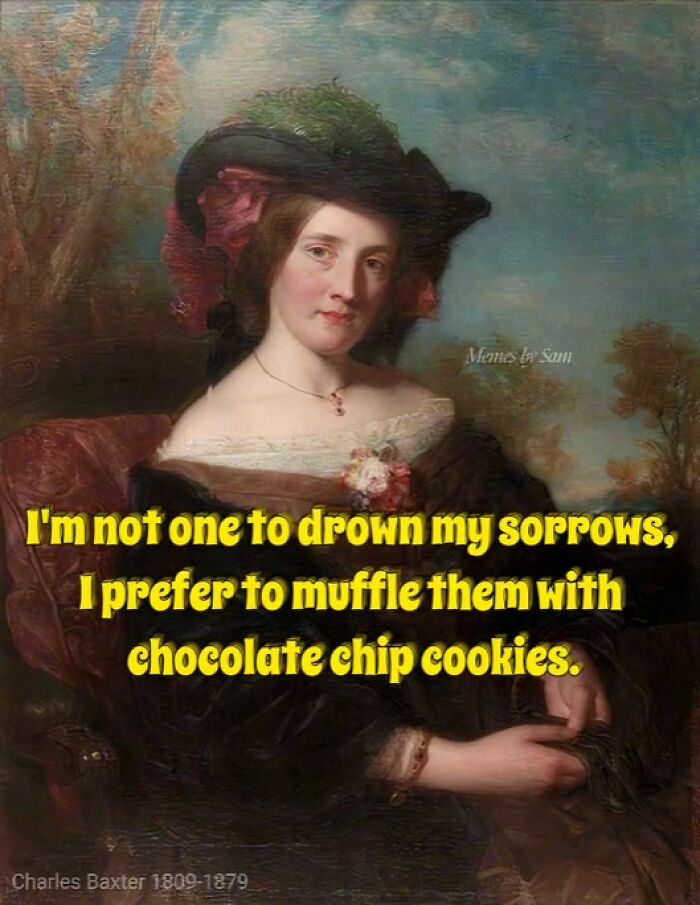 Classic painting with a witty art meme about muffling sorrows with chocolate chip cookies, showcasing petty energy and humor.