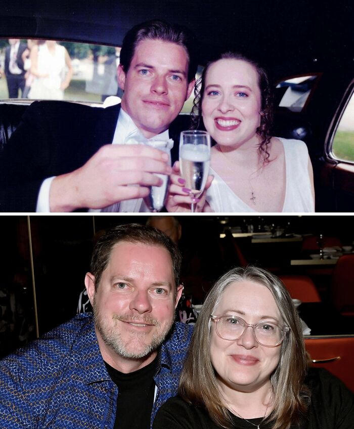 Couple showing how time changed people but not their love for each other in two portraits years apart.
