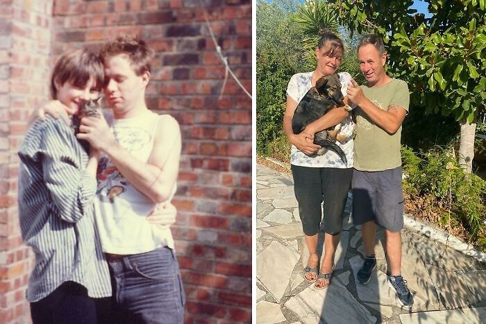 Couple holding their dogs in matching poses years apart, showing how time changed people but not their love for each other.