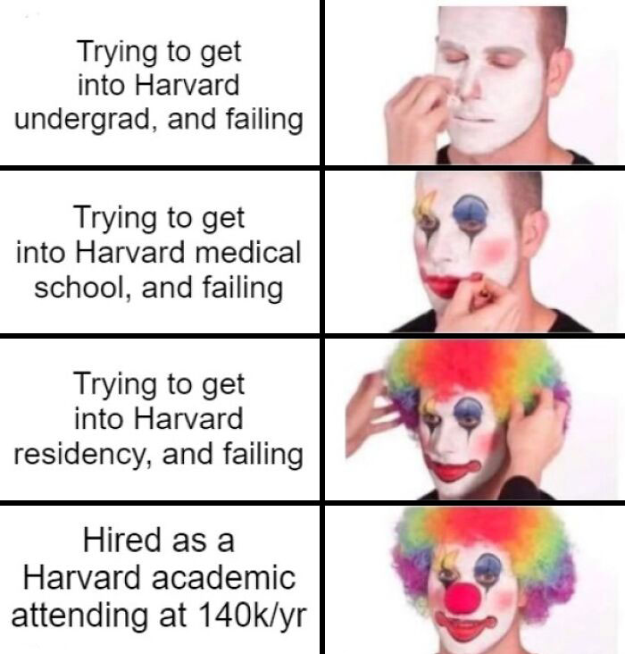 Man putting on clown makeup in stages, illustrating the painful reality of medical school and future doctors' struggles.