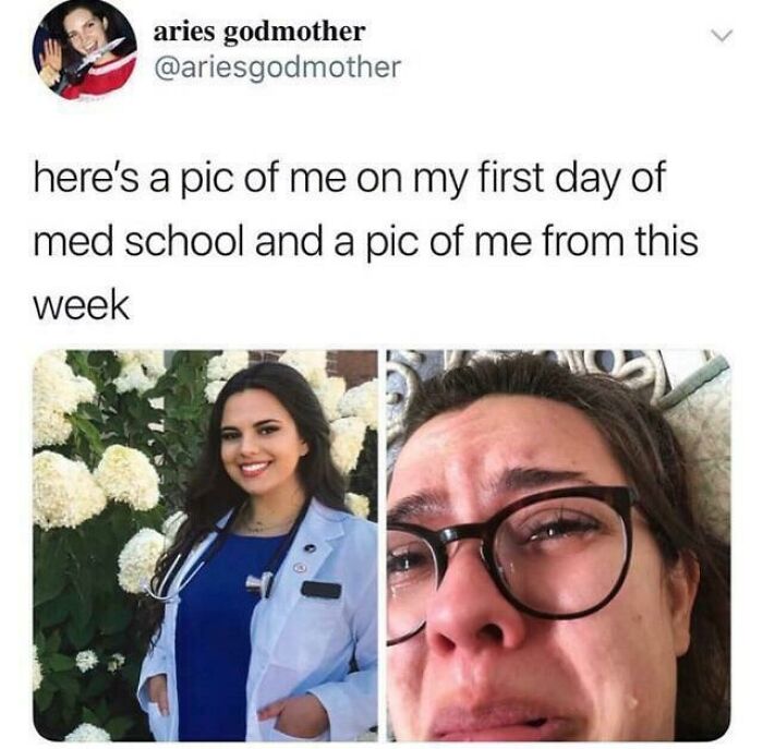 Before and after photos showing the stressful reality faced by medical students in medical school memes.