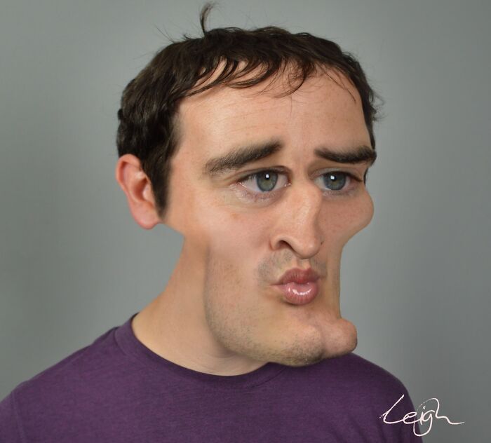 Man with exaggerated facial features, showcasing hilarious Photoshop skills in a distorted portrait against a gray background.