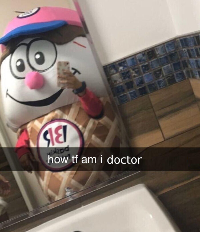 Person wearing oversized ice cream costume taking a mirror selfie with caption expressing medical school meme feelings.
