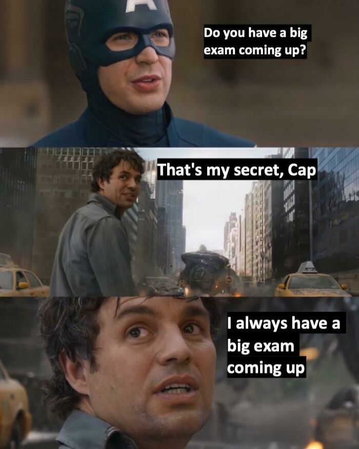 Three-panel medical school meme showing stress about exams, featuring characters discussing always having big exams coming up.
