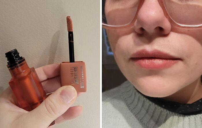 Close-up of a lip gloss applicator and lips wearing subtle peach shade, perfect for a summer glow up beauty routine.