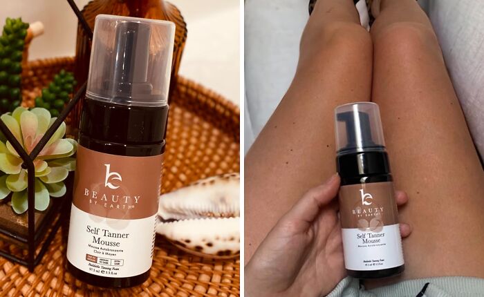 Self tanner mousse on woven tray and applied on legs, promoting summer glow up skincare essentials.
