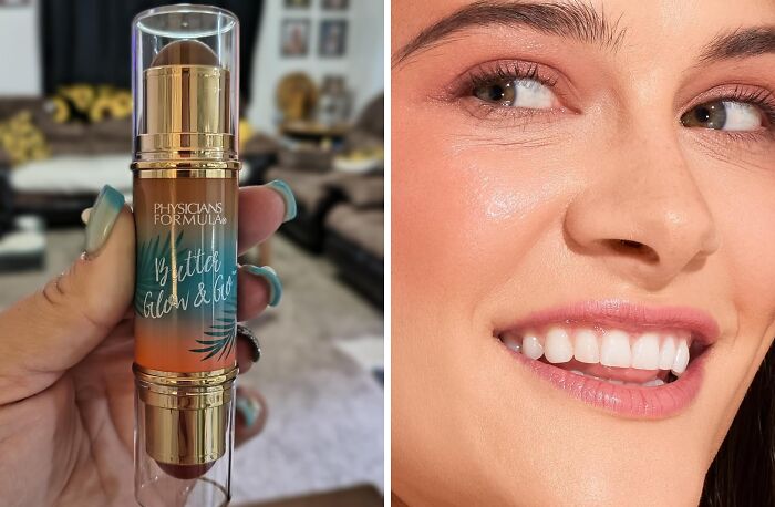 Hand holding a Physicians Formula glow-up skincare product next to a smiling woman with radiant summer skin.