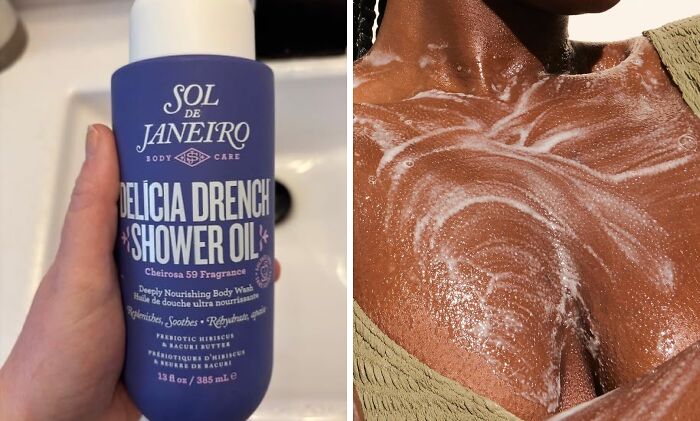Hand holding Sol de Janeiro shower oil bottle and close-up of glowing chest with body wash foam for summer glow up.
