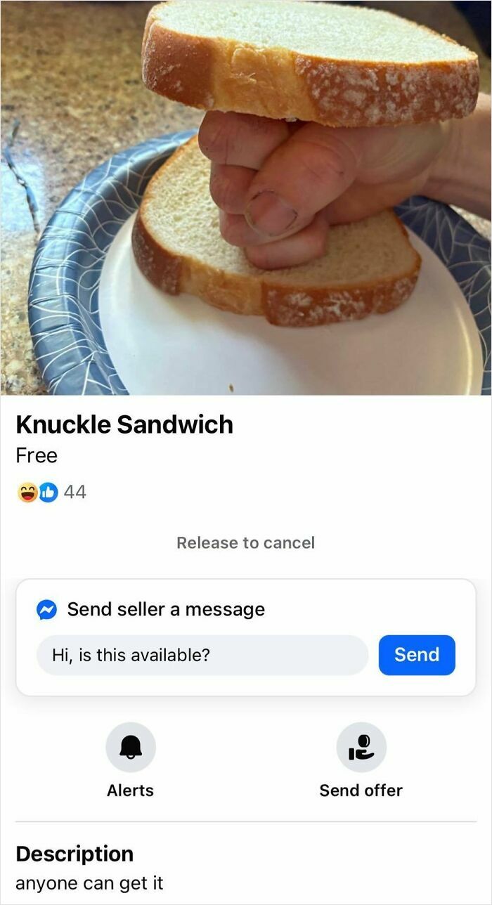 Hand holding two slices of bread like a sandwich, one of the wildest things found for sale on Facebook Marketplace.