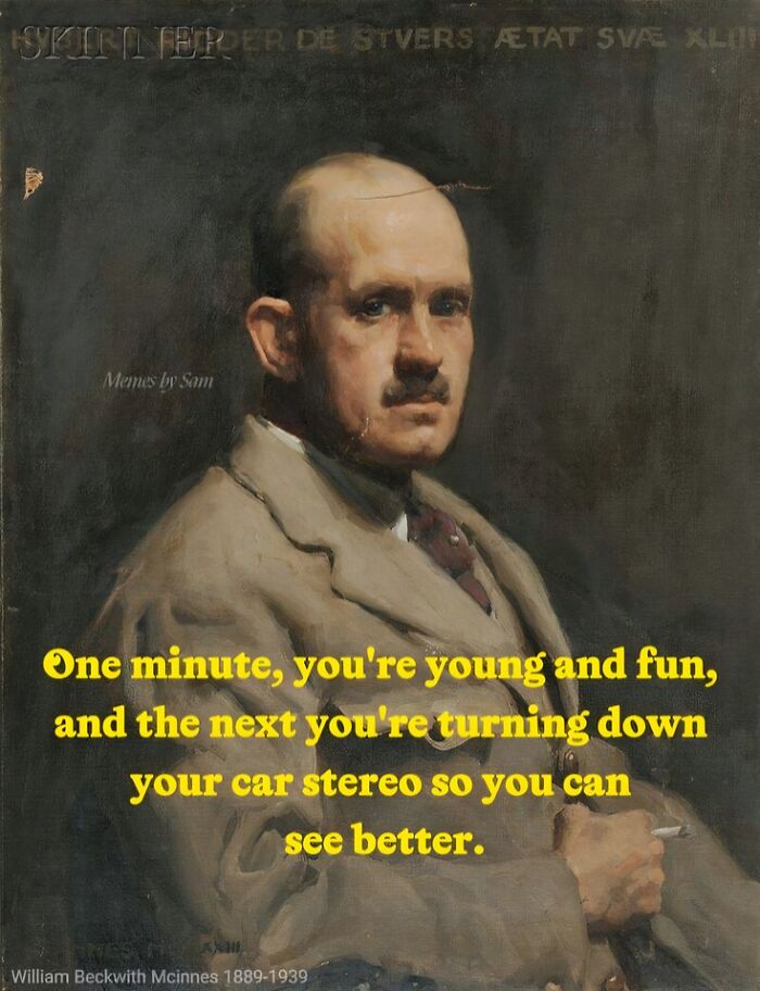 Classic portrait with art memes displaying perfectly petty energy about turning down car stereo to see better.