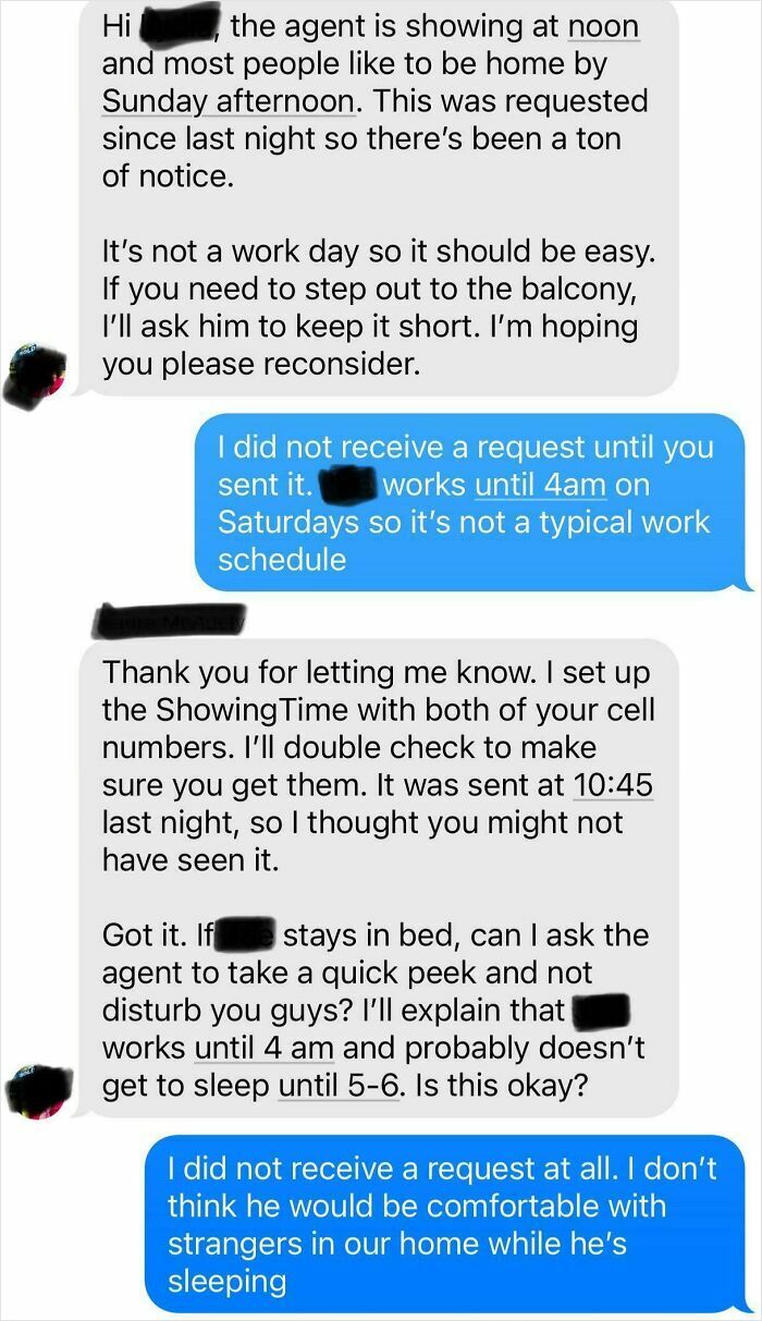 Text conversation showing an infuriating landlord requesting a last-minute property showing disrupting tenants’ schedule.