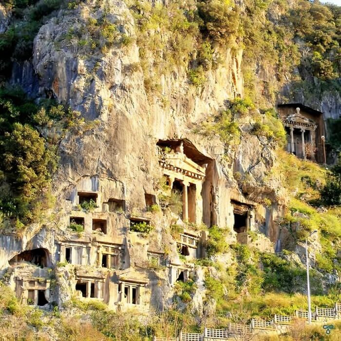 Ancient cliffside archeological wonders carved into rocky hillside surrounded by greenery and shrubs in natural light